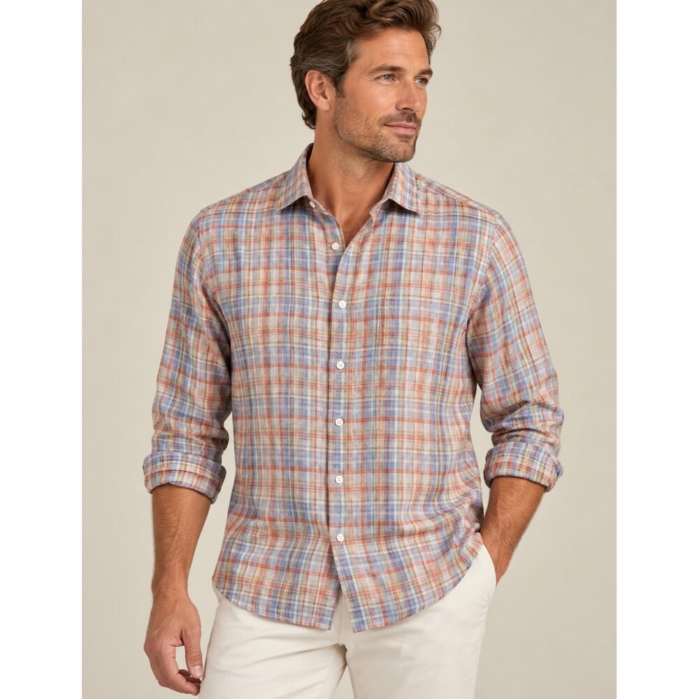 Peter Millar Collection Shirt Men’s XL Linen Plaid Button Up Casual Dress Preppy
